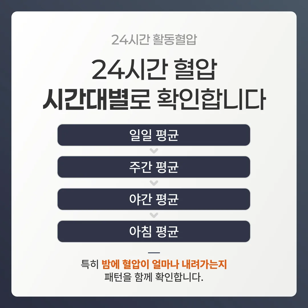 24시간 활동혈압 측정에서 일일평균·주간평균·야간평균·아침평균과 야간 혈압 감소 패턴의 관계를 정리한 도해