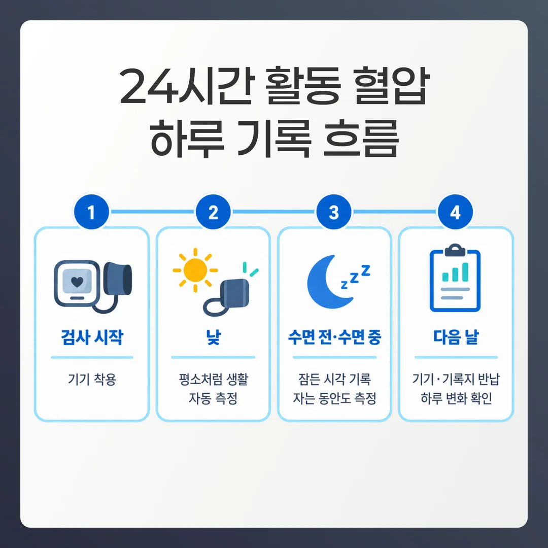 24시간 활동혈압 측정의 하루 기록 흐름을 나타낸 타임라인