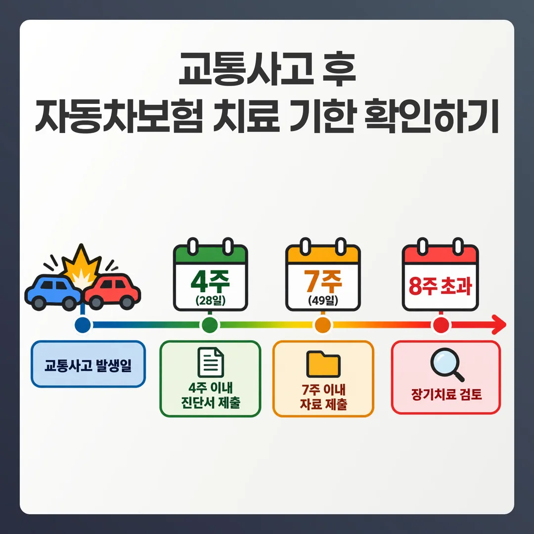 교통사고 발생일을 기준으로 4주 진단서 제출, 7주 자료 제출, 8주 초과 장기치료 검토로 이어지는 기한을 표시한 날짜 축