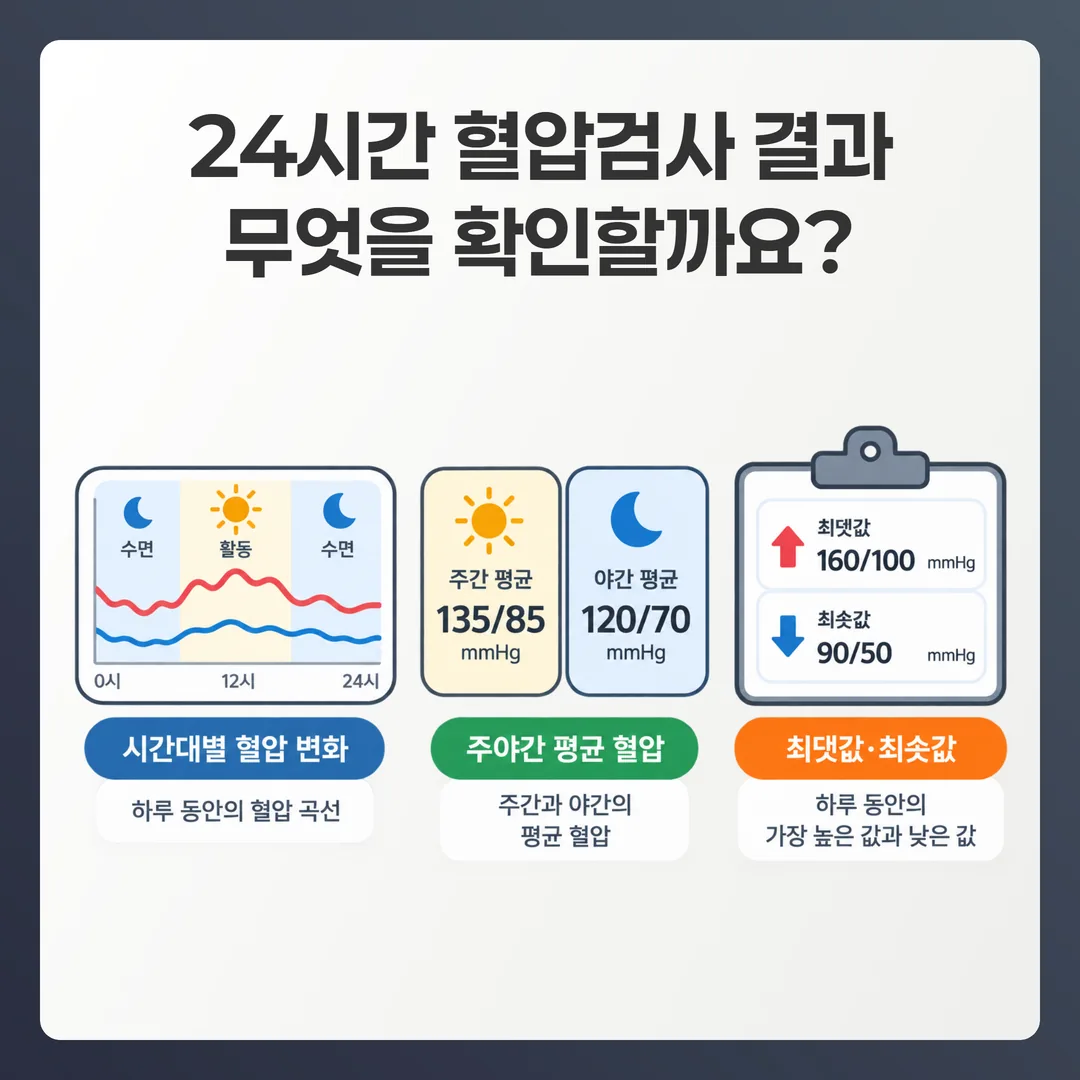 24시간 혈압측정 결과 보고서에 담기는 세 가지 항목을 정리한 개념도