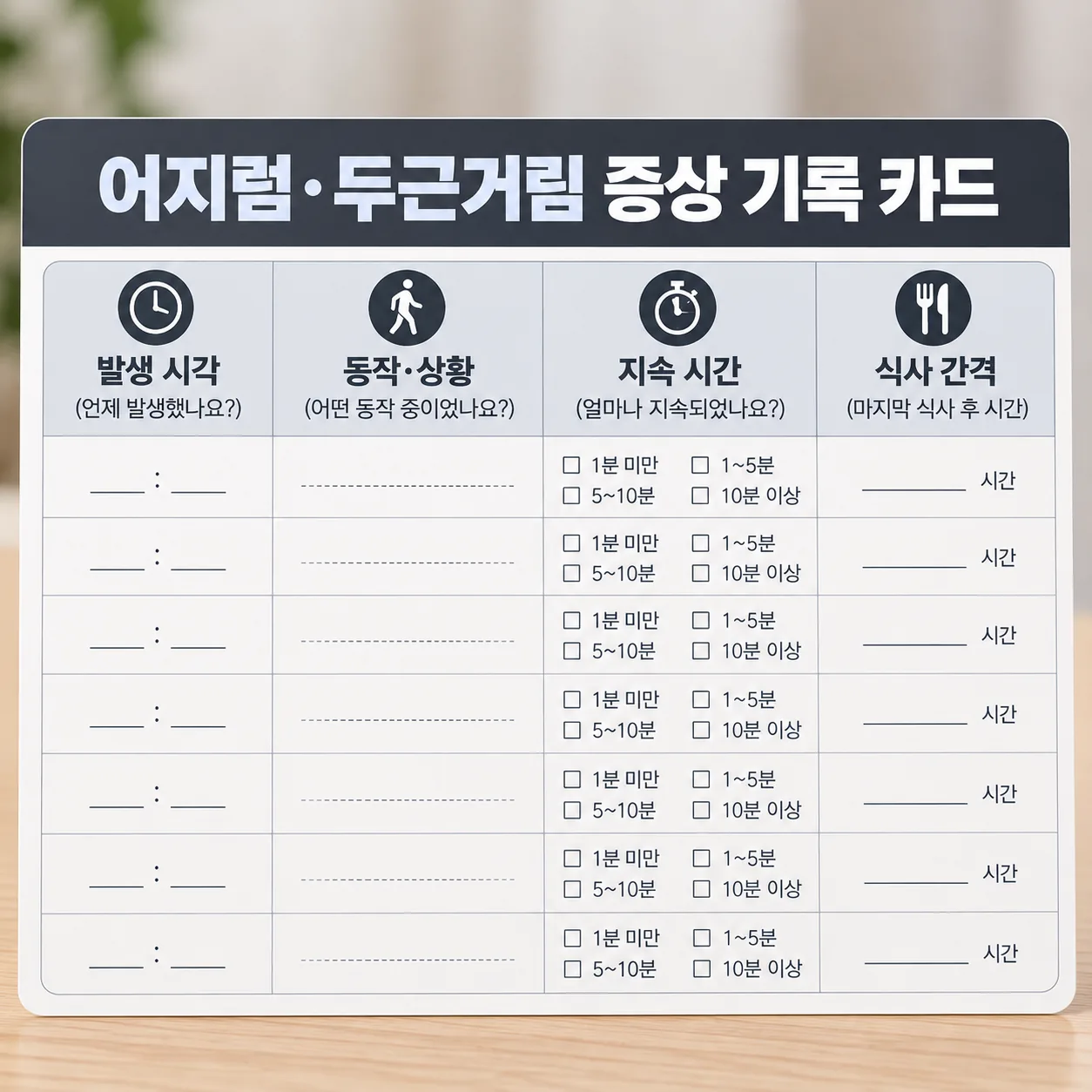 재활 중 어지럼 두근거림 증상 기록 카드 예시